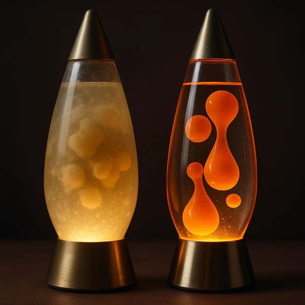 Close-up of a cloudy lava lamp globe next to a clear one, showing the visual contrast between degraded and healthy fluid