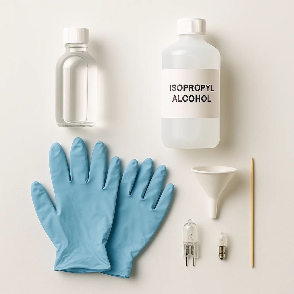 Flat lay of restoration tools arranged on a clean white surface — distilled water bottle, isopropyl alcohol, gloves, funnel, skewer, and spare bulb