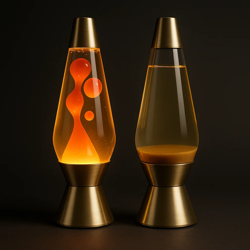 Side-by-side comparison of a healthy lava lamp in motion versus a lamp with wax pooled flat on the base after 90 minutes of heating