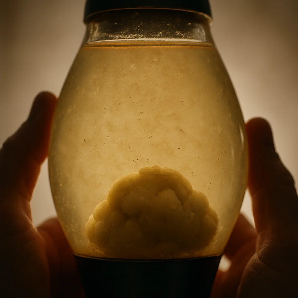 Close-up of a cloudy lava lamp globe held against a light source, showing discoloured fluid and settled wax