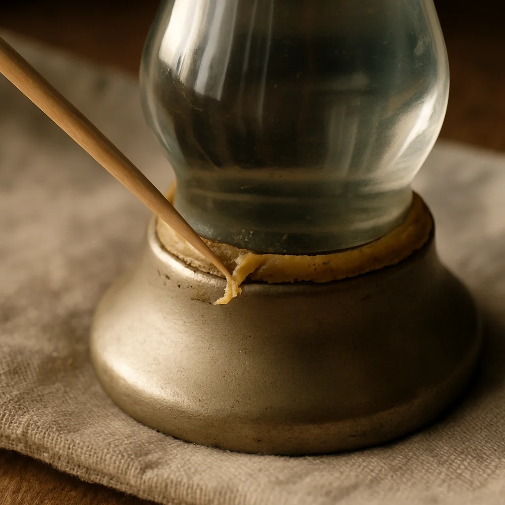 close-up of a lava lamp globe neck with old sealant being removed using a wooden toothpick, globe resting on a cloth surface