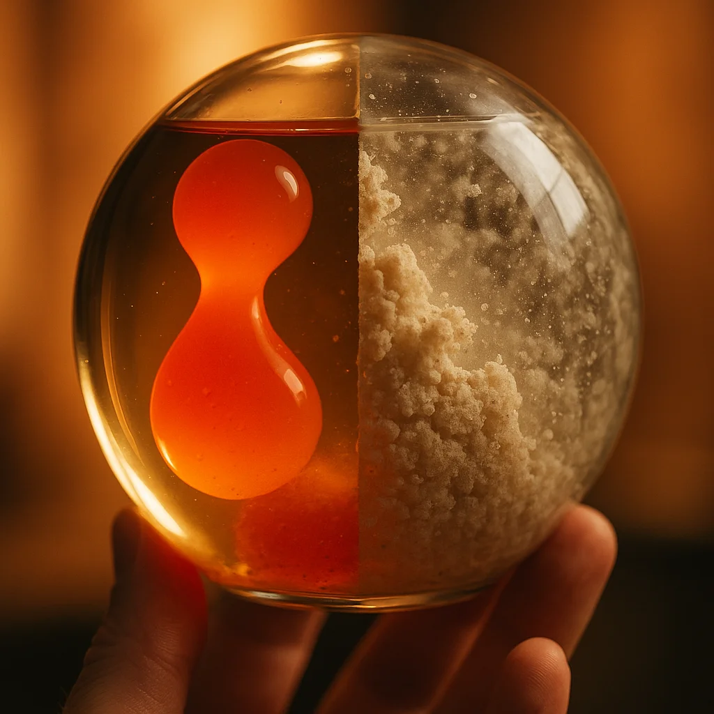 Close-up of a lava lamp globe held up to light, showing wax condition — one side healthy and smooth, one side showing granular degradation