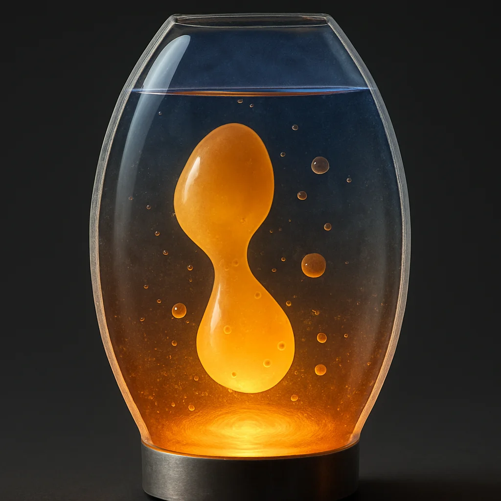 Close-up cross-section diagram showing wax blob rising through fluid inside a lava lamp globe, with temperature gradient indicated