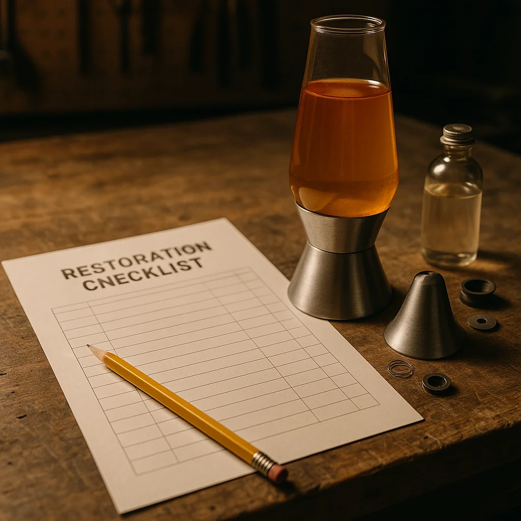 A printed restoration checklist laid flat on a workbench beside a disassembled lava lamp, with a pencil resting across it